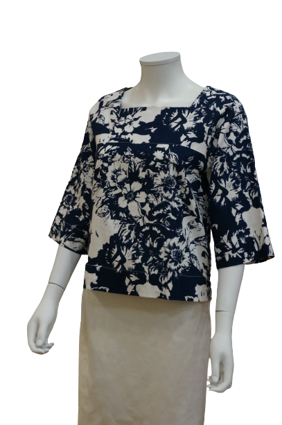 3/4 SLEEVE SQUARE NECK PRINTED LINEN BLOUSE