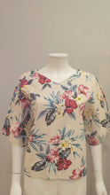 Load and play video in Gallery viewer, 3/4 SLEEVE V NECK FLORAL LINEN COTTON RELAXED BLOUSE
