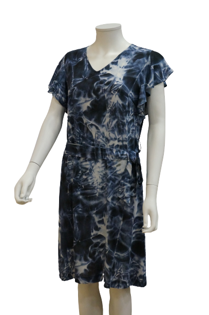 RUFFLE SLEEVE V NECK PRINTED VISCOSE DRESS WITH TIE