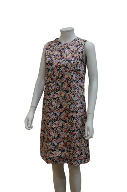 S/LESS NEHRU COLLAR FRONT BUTTON FLORAL PRINTED COTTON DRESS