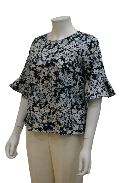 S/SLEEVE WITH RUFFLE PRINTED LINEN COTTON BLOUSE