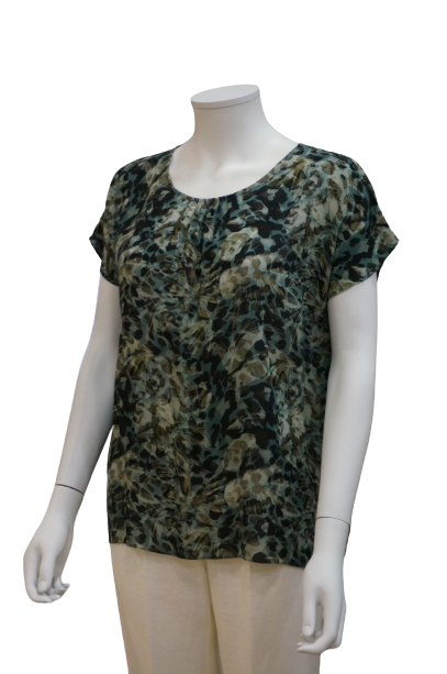 ROUND NECK PRINTED VISCOSE BLOUSE WITH FRONT GATHERS