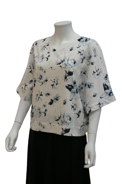 3/4 SLEEVE V NECK FLORAL LINEN COTTON RELAXED BLOUSE